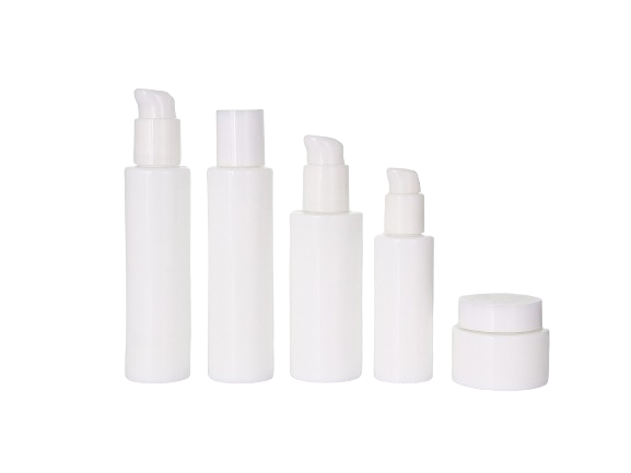 White Flat Shoulder Round Lotion Bottles And Cream Jar