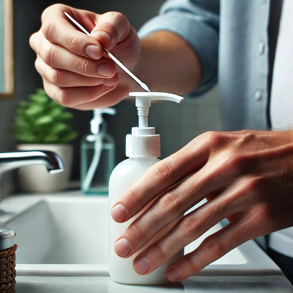 using a toothpick to release air from an airless pump lotion bottle