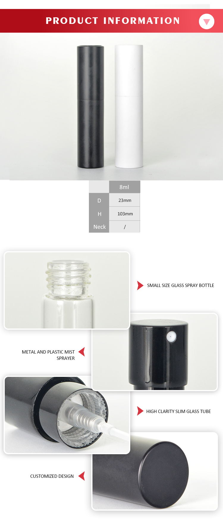 8ml Black and white Atomizer Premium Bottle with high clarity slim glass tube metal and plastic mist sprayer