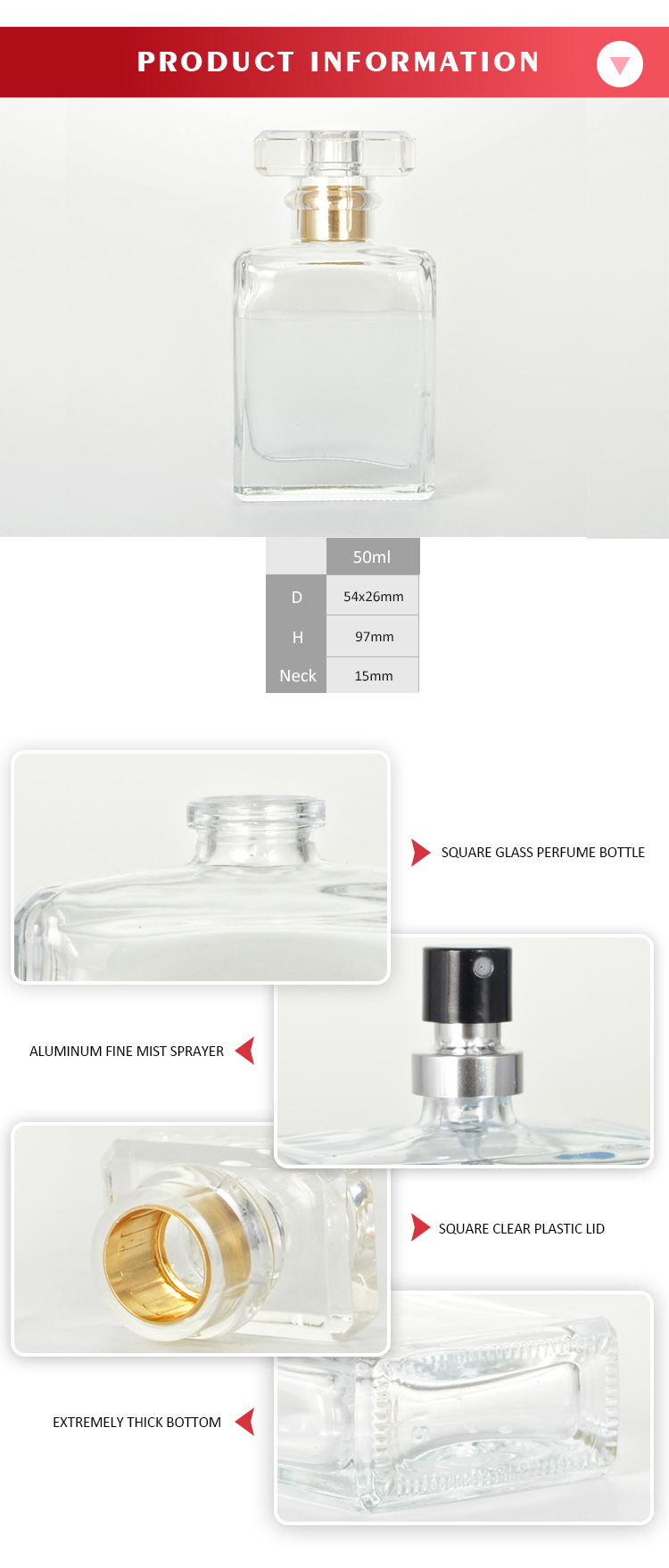 50ml rectangle perfume bottle with square clear lid luxury look thick bottom perfume bottle