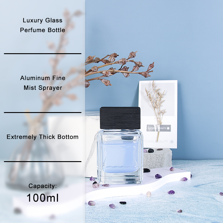 Luxury 100ml Glass Perfume Bottle with Wooden Lid and Aluminum Fine Mist Sprayer